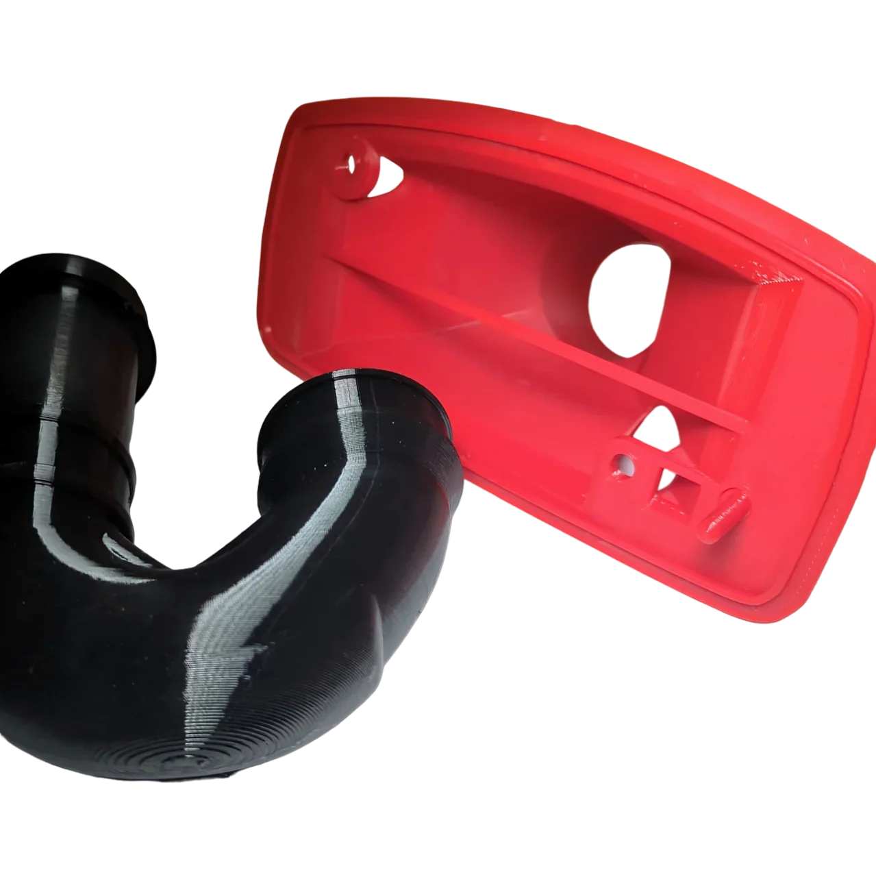 3D printed black pipe and red panel, custom plastic parts for mechanical assembly